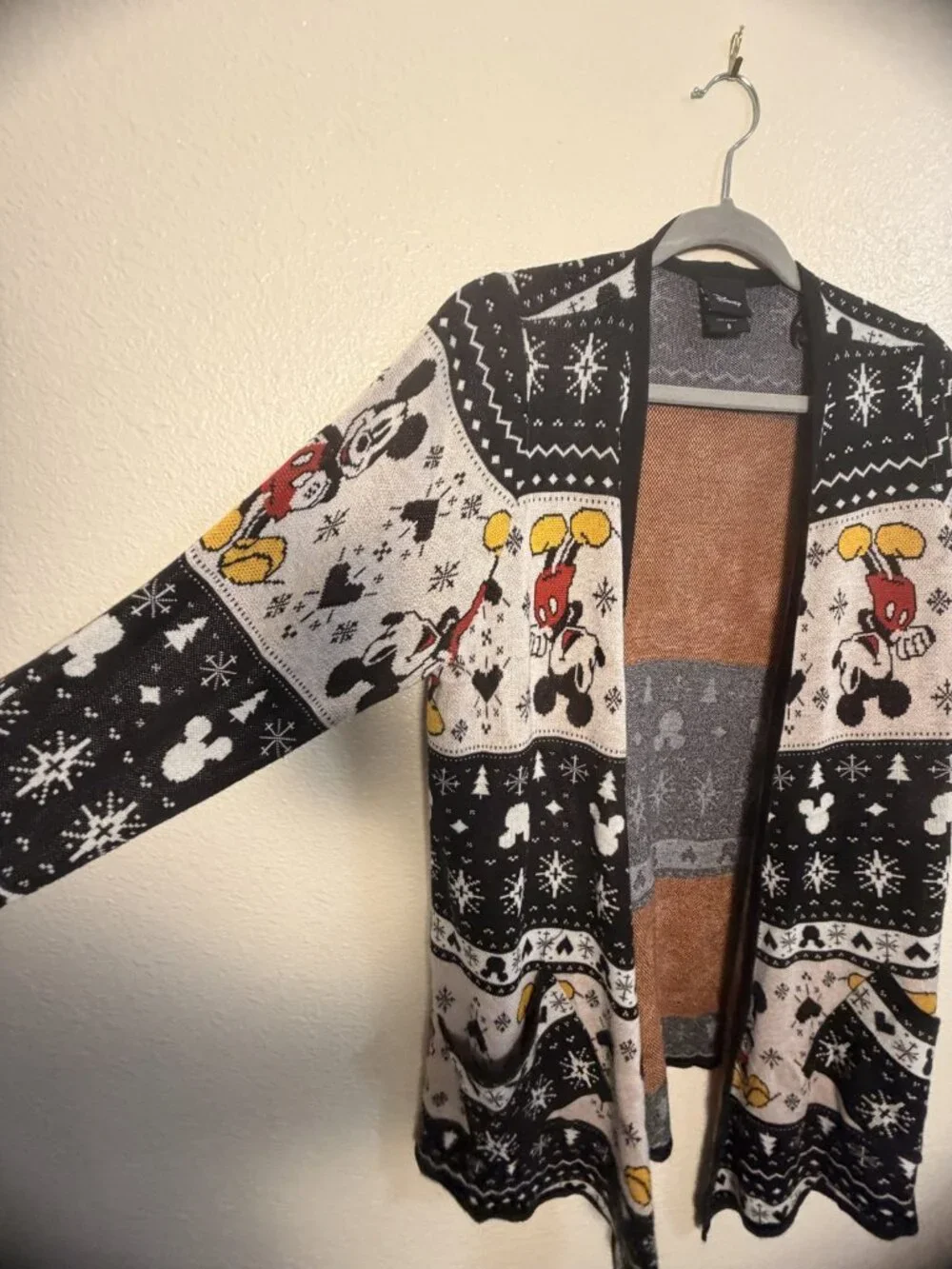 Disney Mickey Mouse Fair Isle Nordic Knit Open Duster Cardigan Christmas Sz 0 S